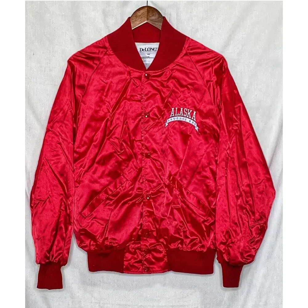 Red Satin Bomber Jacket Medium Prudhoe Bay Alaska Made in USA DELONG 1980s - Picture 1 of 6